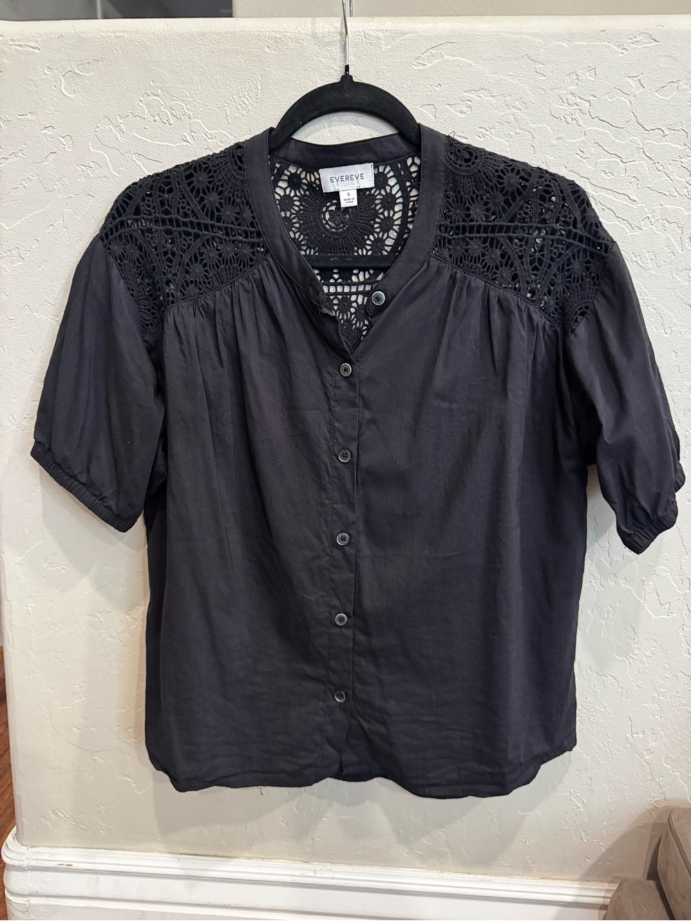 Evereve Black Crochet Yoke Button-Front Blouse